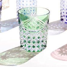 Load image into Gallery viewer, Kagami Whiskey Glass T370-2835-CGR, Edo Kiriko "Drape & Tetragonal Basket Weave" Green