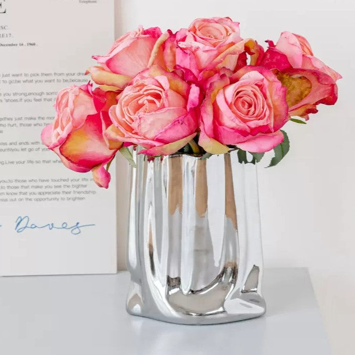 Artificial Flower Decor ( Tall Silver Vase)