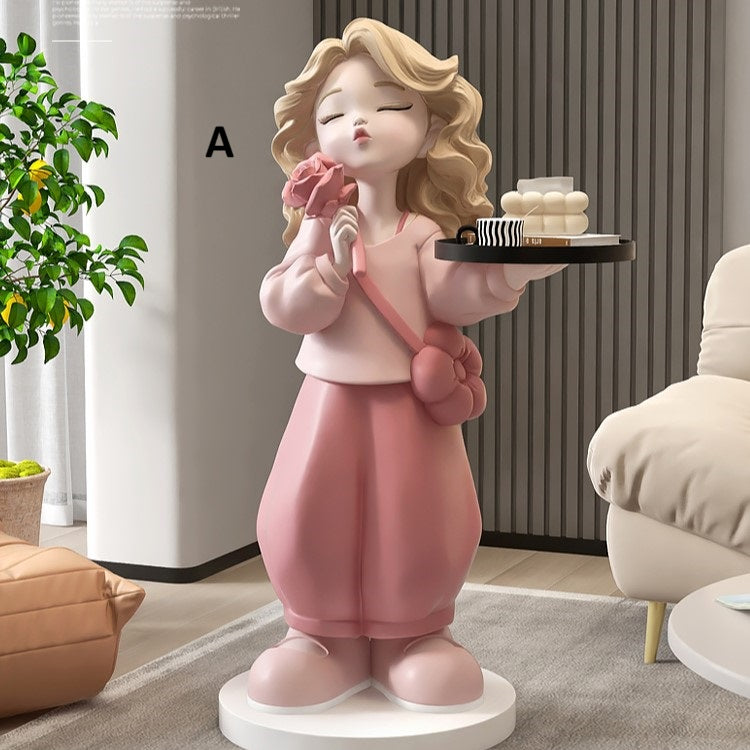Girl with Rose Figurine Floor Stand Storage Tray
